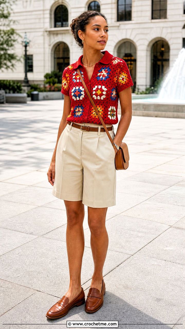 African Flower Polo Top With Bermuda Shorts - 35 african flower crochet top outfit ideas