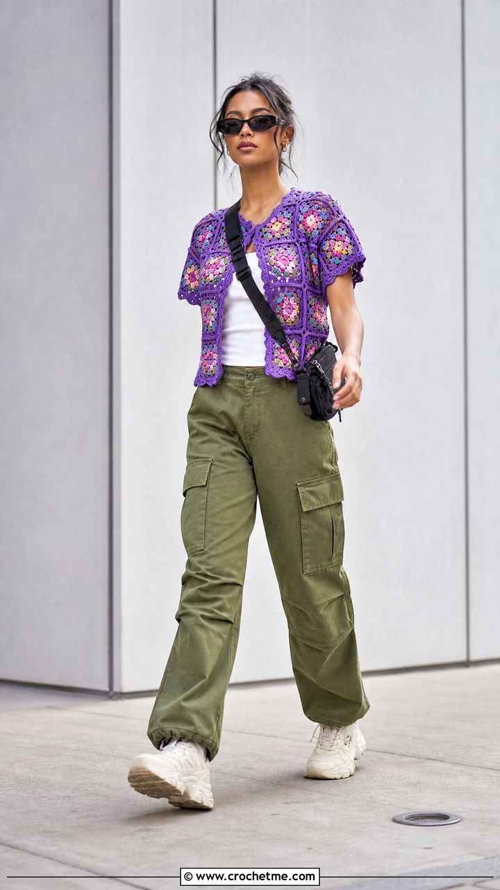 African Flower Short Sleeve Tee With Cargo Pants - 35 african flower crochet top outfit ideas
