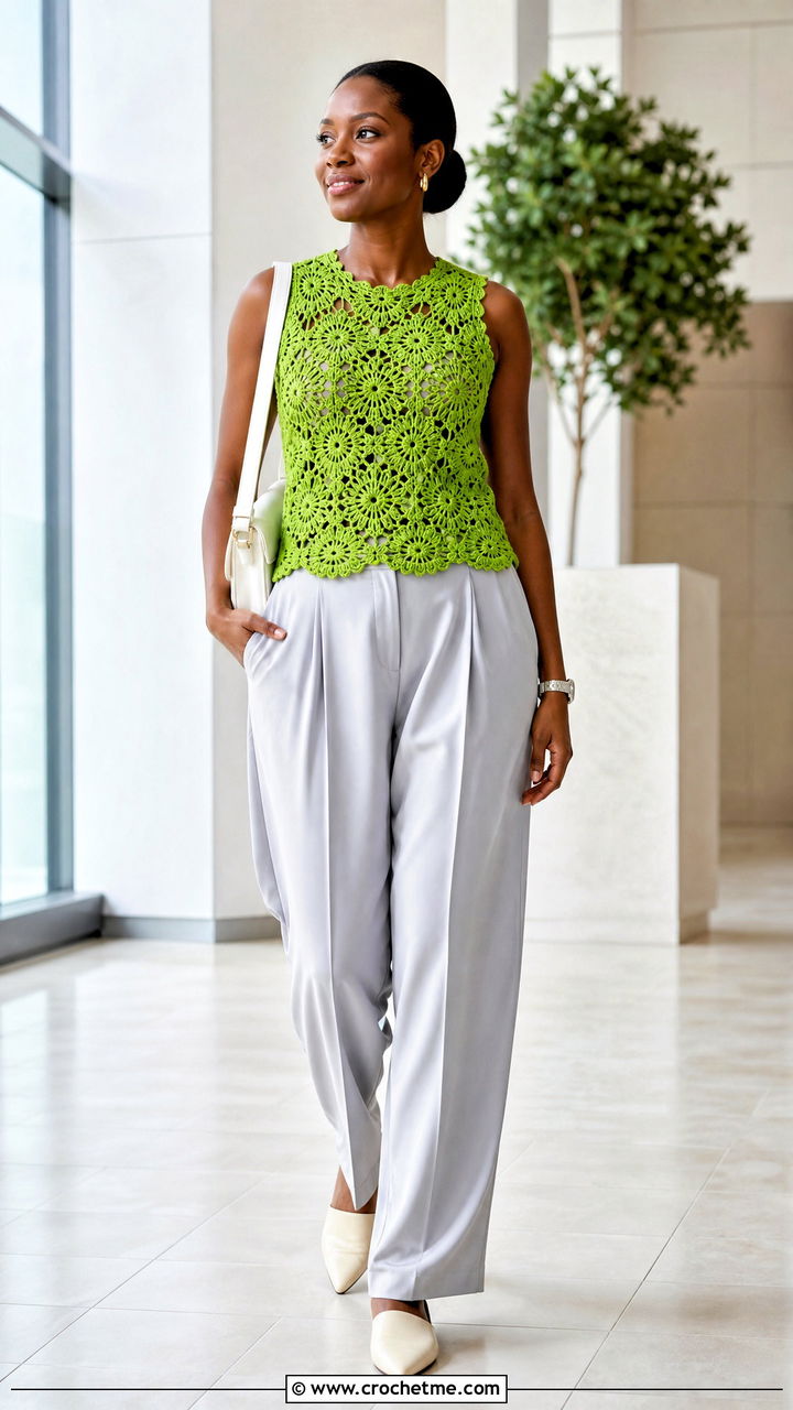 African Flower Sleeveless Shell With Pleated Trousers - 35 african flower crochet top outfit ideas