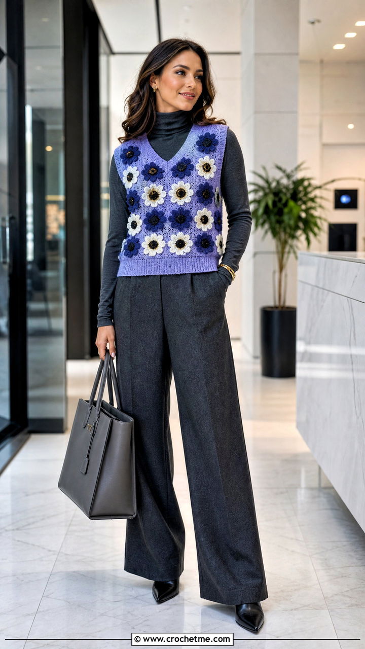 African Flower Sweater Vest Top With Wide Leg Trousers - 35 african flower crochet top outfit ideas
