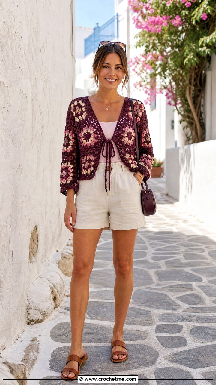 African Flower Tie Front Top With High Waisted Shorts - 35 african flower crochet top outfit ideas