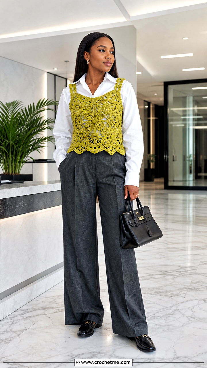 African Flower Vest Top With Shirt And Tailored Trousers - 35 african flower crochet top outfit ideas