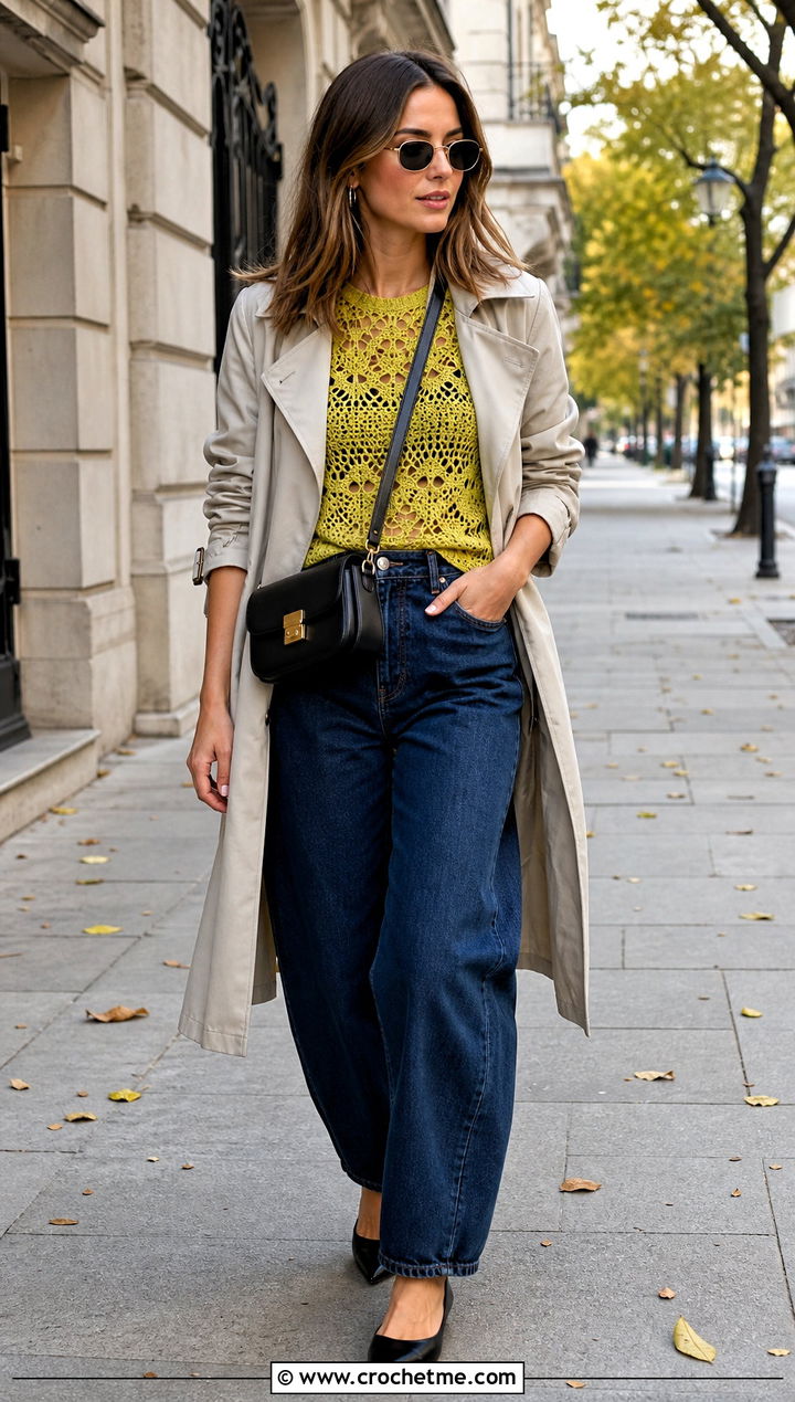 Agatha Crochet Top With Barrel Jeans And Trench Coat - 15 Agatha Crochet Top outfit ideas