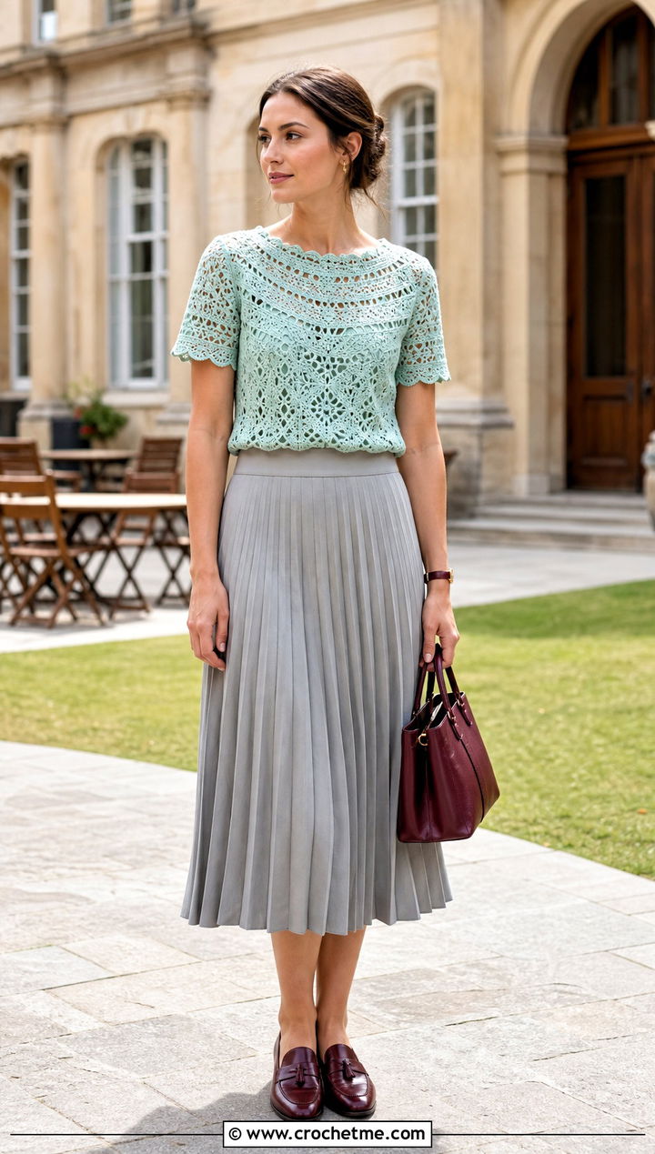 Agatha Crochet Top With Pleated Midi Skirt And Loafers - 15 Agatha Crochet Top outfit ideas
