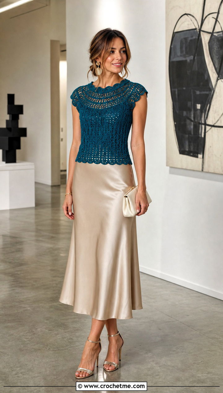 Agatha Crochet Top With Satin Midi Skirt And Heels - 15 Agatha Crochet Top outfit ideas