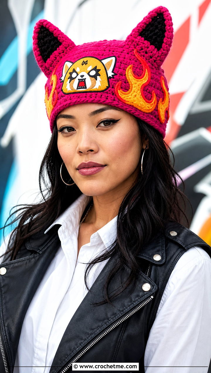 Aggretsuko Flame Beanie With Moto Vest - 25 sanrio crochet beanie outfit ideas