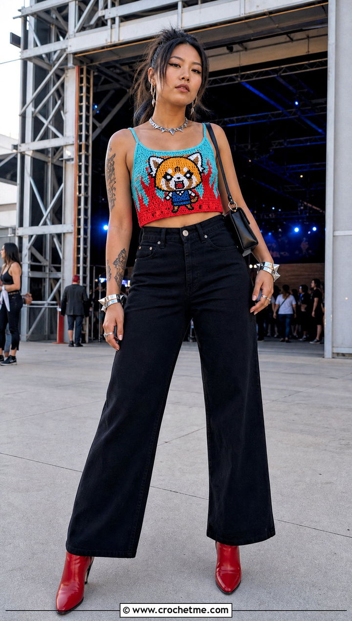 Aggretsuko Flame Crochet Crop Top With Black Jeans - 25 Sanrio Crochet Clothes and outfit ideas