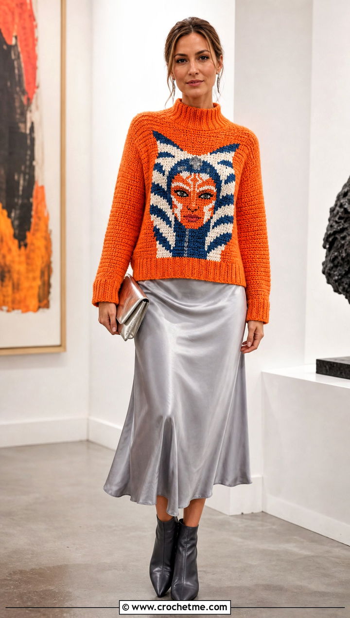 Ahsoka Mock Neck Crochet Sweater With Satin Skirt - 20 Star Wars Crochet Sweater outfit ideas