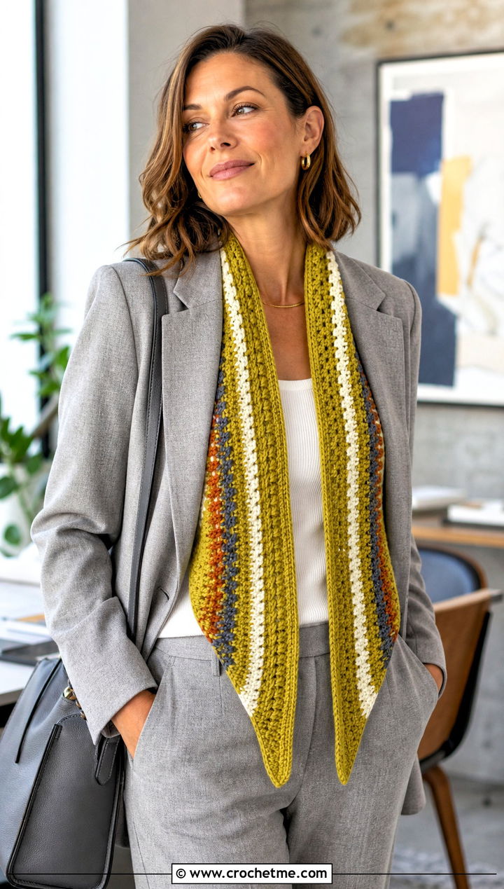 Ahsoka Striped Scarf With Tailored Suit - 15 Crochet Star Wars Scarf outfit ideas