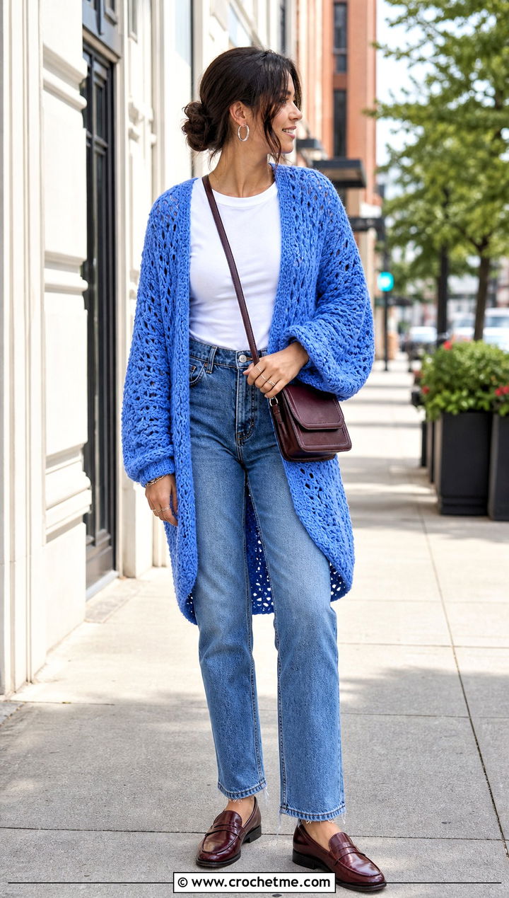 Airy Lace Cocoon Crochet Cardigan With Straight Jeans - 25 Cocoon Crochet Cardigan outfit ideas