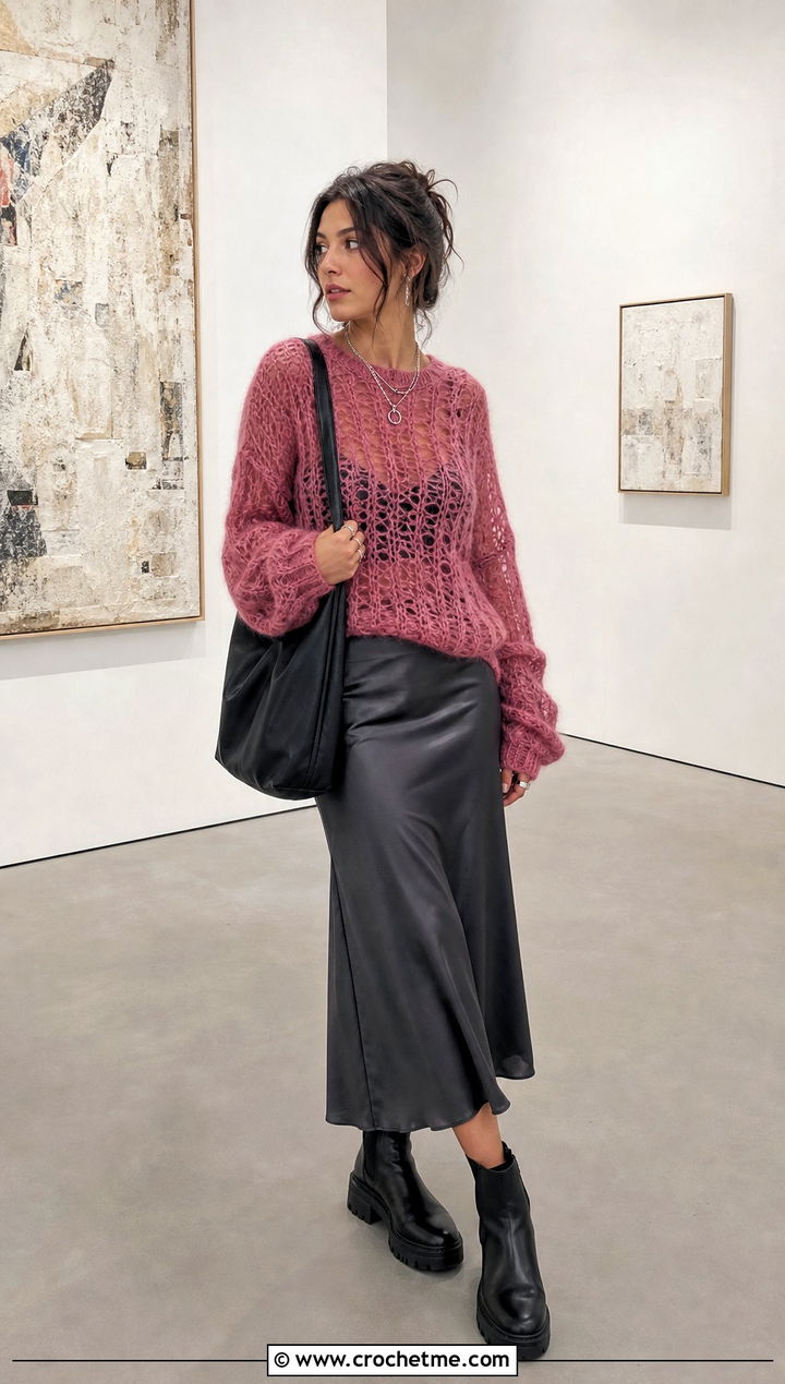 Airy Mohair Crochet Grunge Sweater With Satin Midi Skirt - 30 crochet grunge sweater outfit ideas