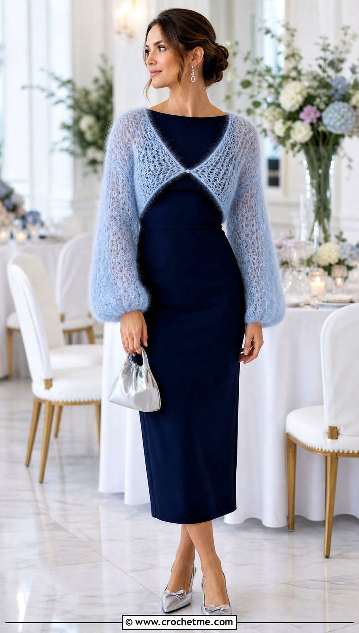 Airy Mohair Look Ballet Crochet Shrug With Column Dress - 20 Ballet Crochet Shrug outfit ideas