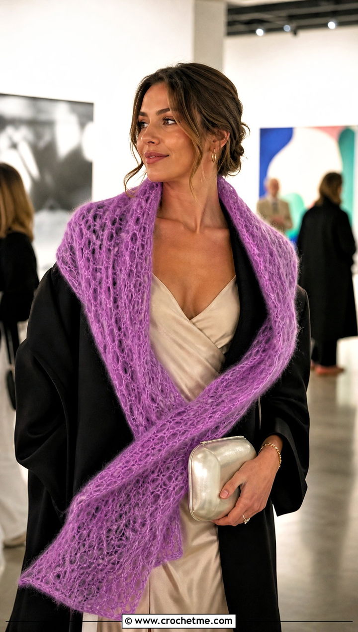 Airy Mohair Look Wide Scarf With Slip Dress And Blazer - 20 Crochet Wide Scarf outfit ideas