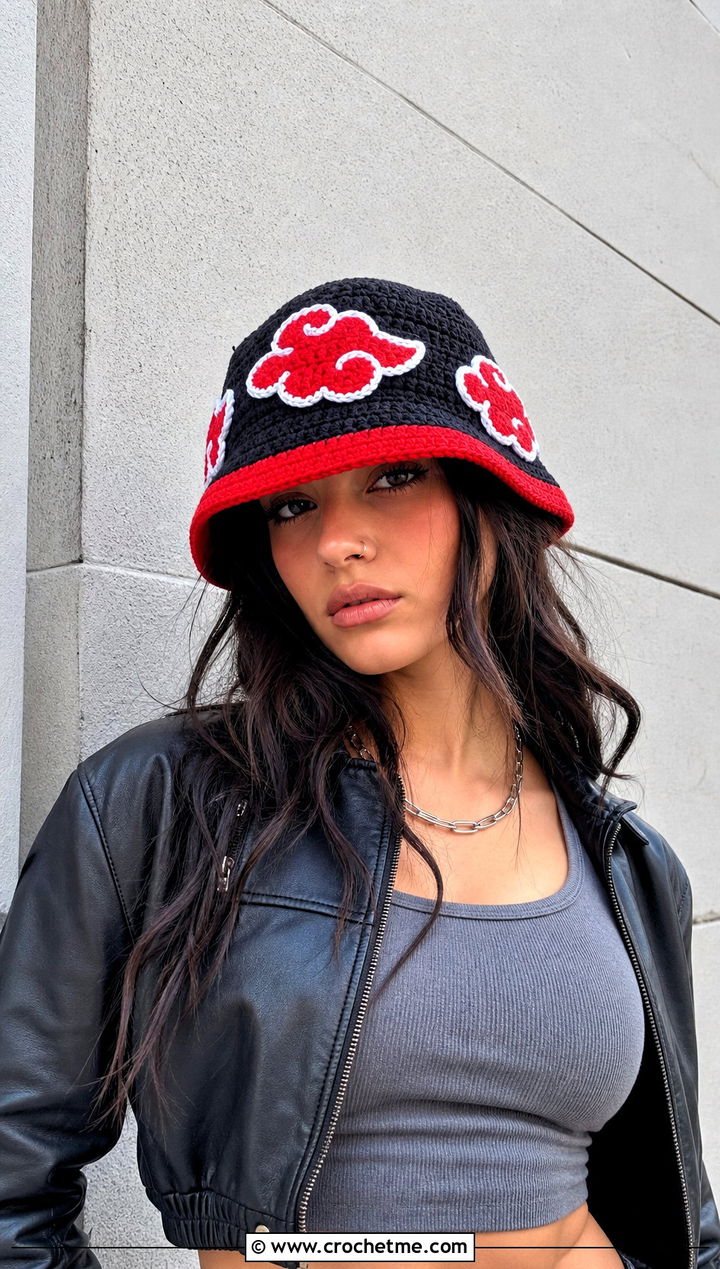 Akatsuki Cloud Bucket Hat With Leather Jacket - 25 naruto crochet hat outfit ideas