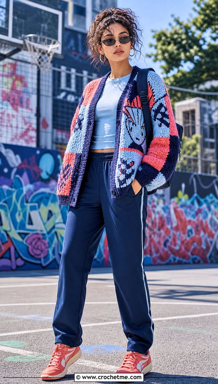 Akaza Graphic Patchwork Cardigan With Track Pants - 35 Demon Slayer Crochet Cardigan outfit ideas