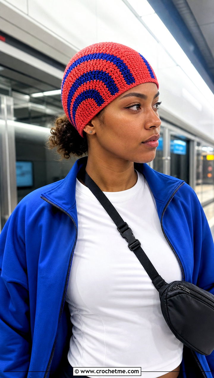 Akaza Stripe Crochet Skullcap With Track Jacket - 25 Demon Slayer Crochet Hat outfit ideas