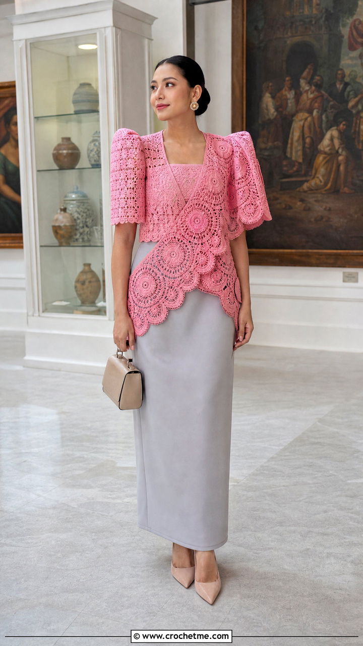Alampay Layered Crochet Filipiniana Top With Column Dress - 35 crochet filipiniana top outfit ideas
