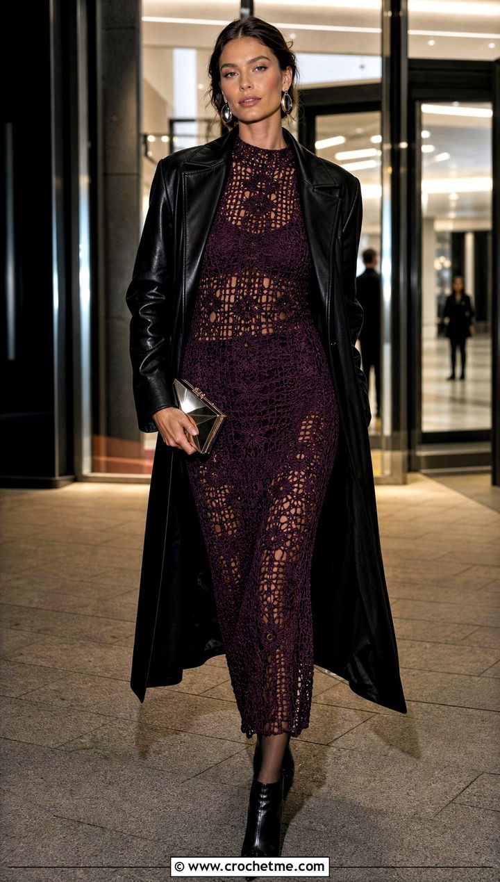 Alanui Crochet Column Dress With Leather Coat - 15 Alanui Crochet Dress outfit ideas