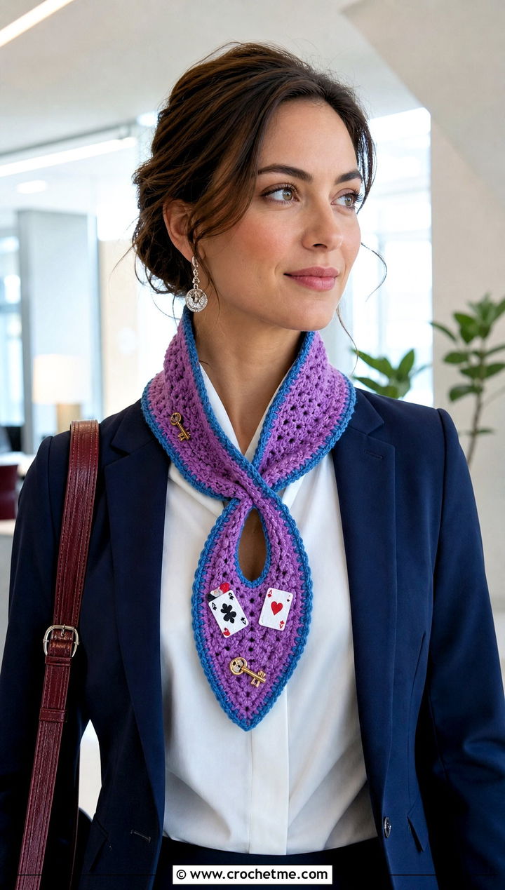 Alice In Wonderland Keyhole Crochet Scarf With Blazer - 20 Crochet Disney Scarf outfit ideas