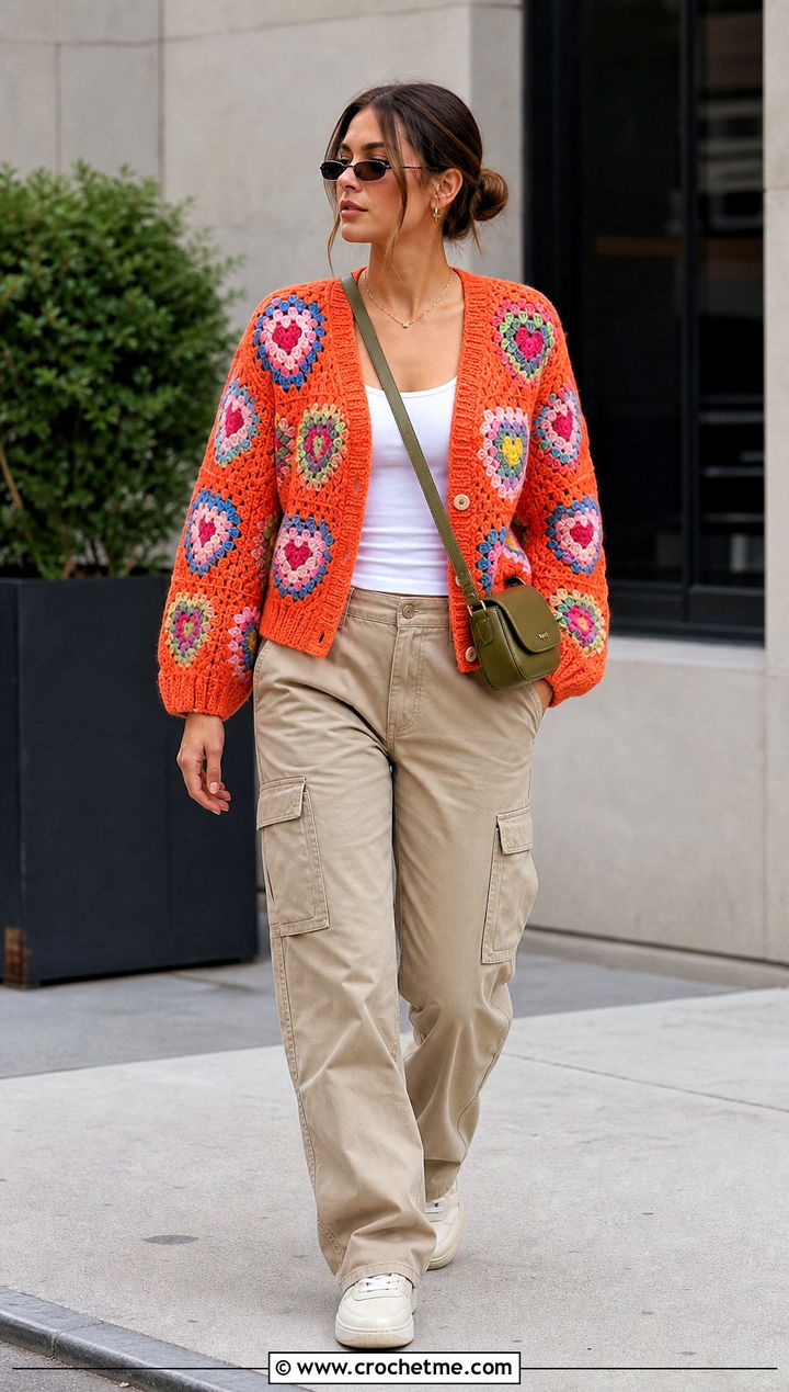 Alice Olivia Anderson Heart Crochet Cardigan With Cargo Pants - 15 alice and olivia crochet cardigan outfit ideas