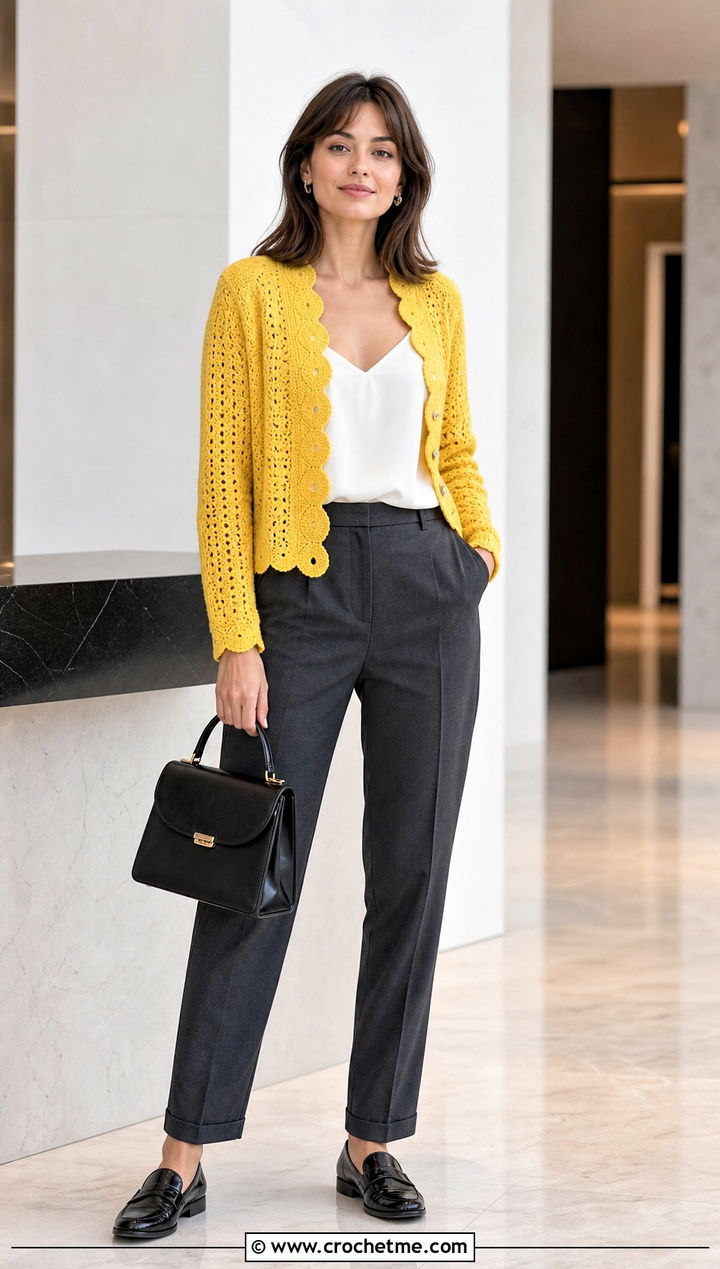 Alice Olivia Anderson Scalloped Crochet Cardigan With Tailored Trousers - 15 alice and olivia crochet cardigan outfit ideas