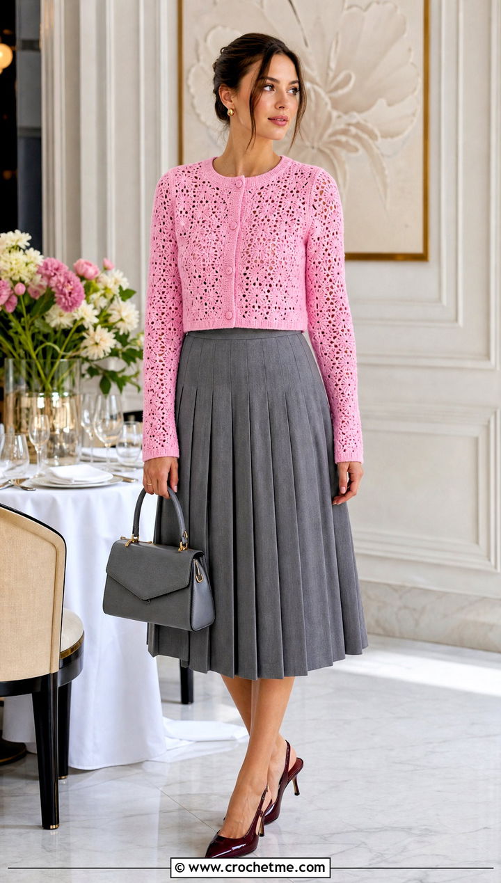 Alice Olivia Cropped Crew Neck Crochet Cardigan With Pleated Skirt - 15 alice and olivia crochet cardigan outfit ideas