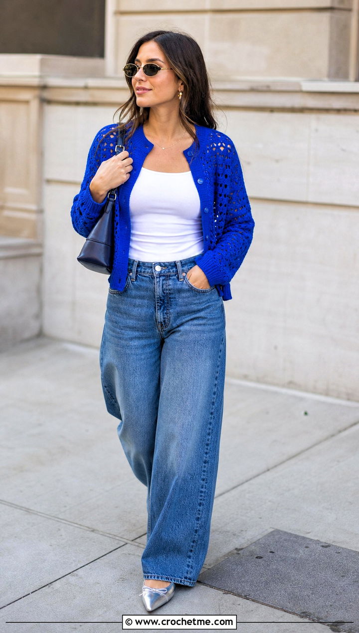 Alice Olivia Randall Open Stitch Crochet Cardigan With Wide Leg Jeans - 15 alice and olivia crochet cardigan outfit ideas