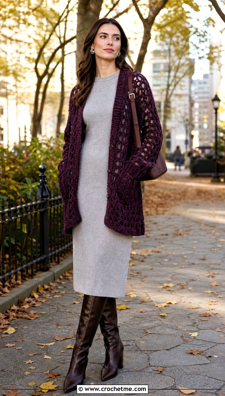Alice Olivia Relaxed Crochet Cardigan With Knit Column Dress - 15 alice and olivia crochet cardigan outfit ideas