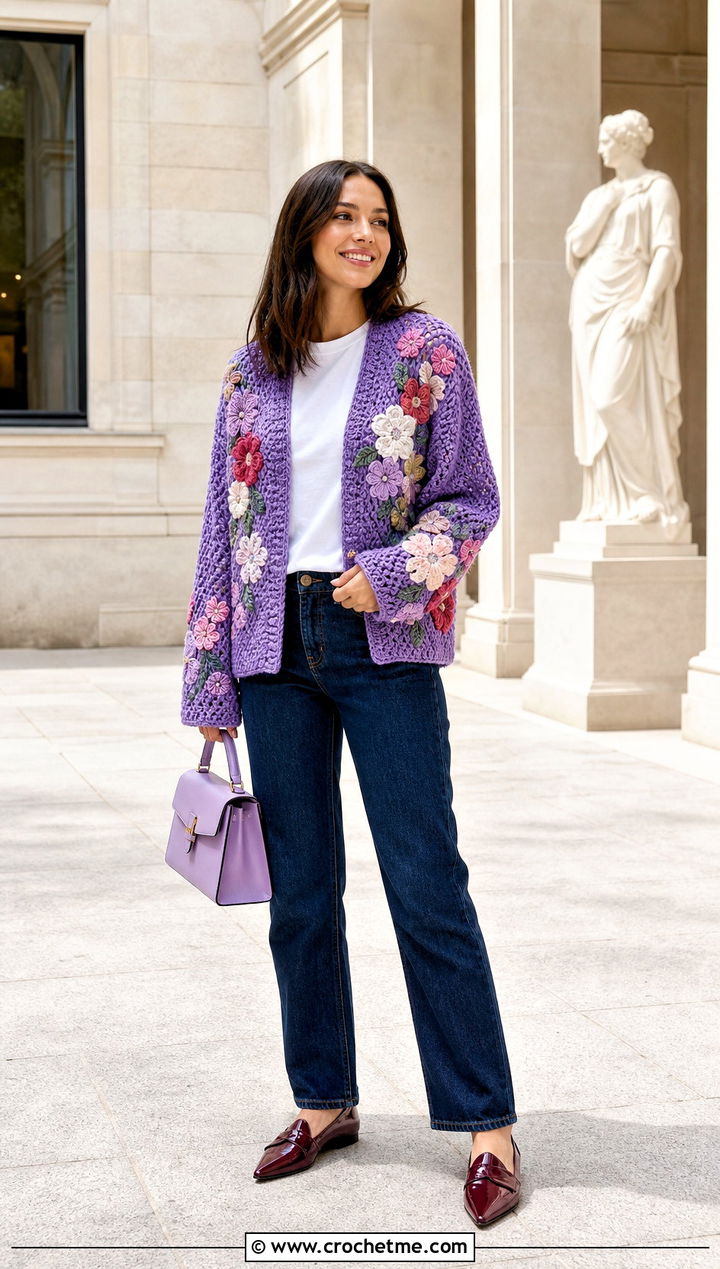 Alice Olivia Selma Floral Applique Crochet Cardigan With Straight Jeans - 15 alice and olivia crochet cardigan outfit ideas