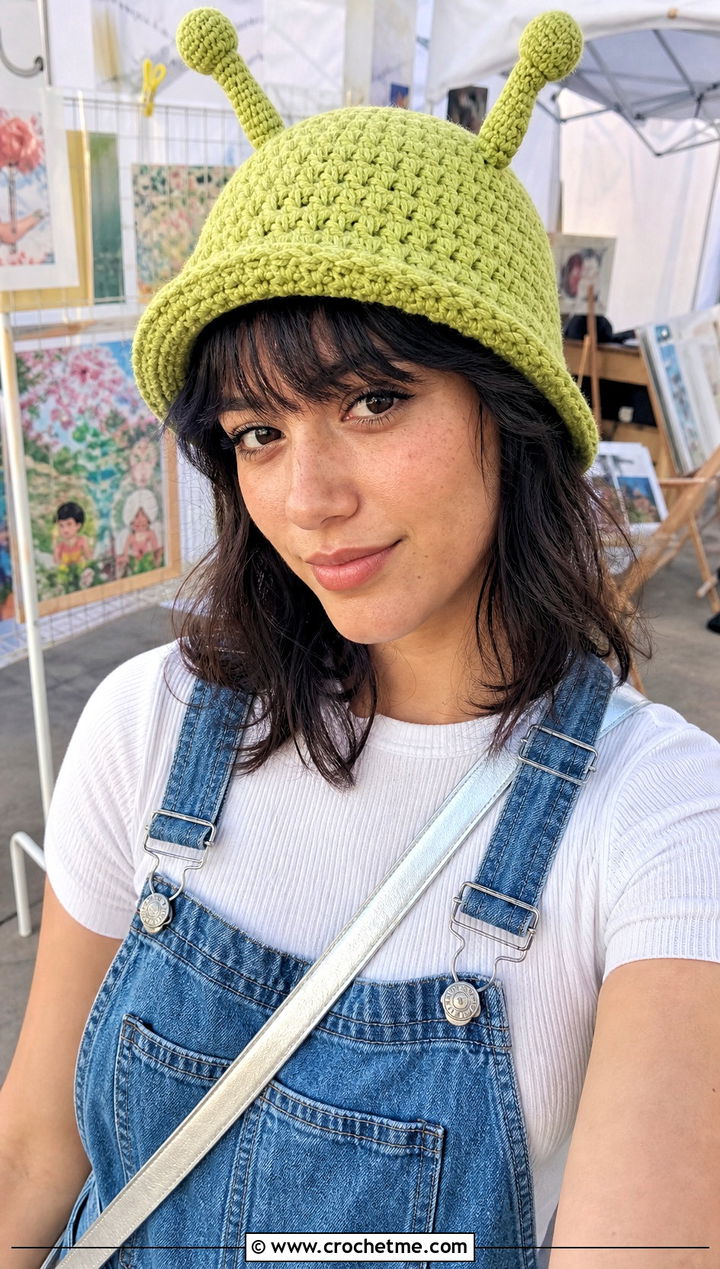Alien Antenna Crochet Bucket Hat With Denim Overalls - 25 Weird Crochet Hat outfit ideas