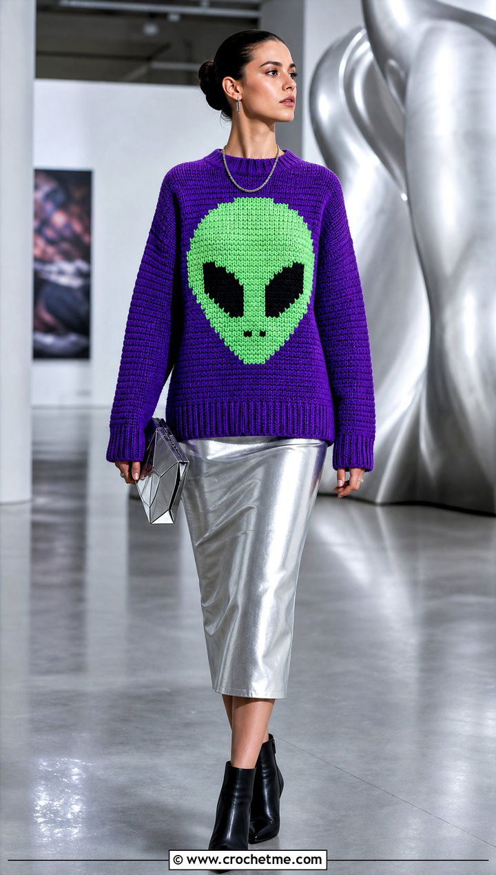 Alien Crochet Character Sweater With Metallic Midi Skirt - 20 Crochet Character Sweater outfit ideas