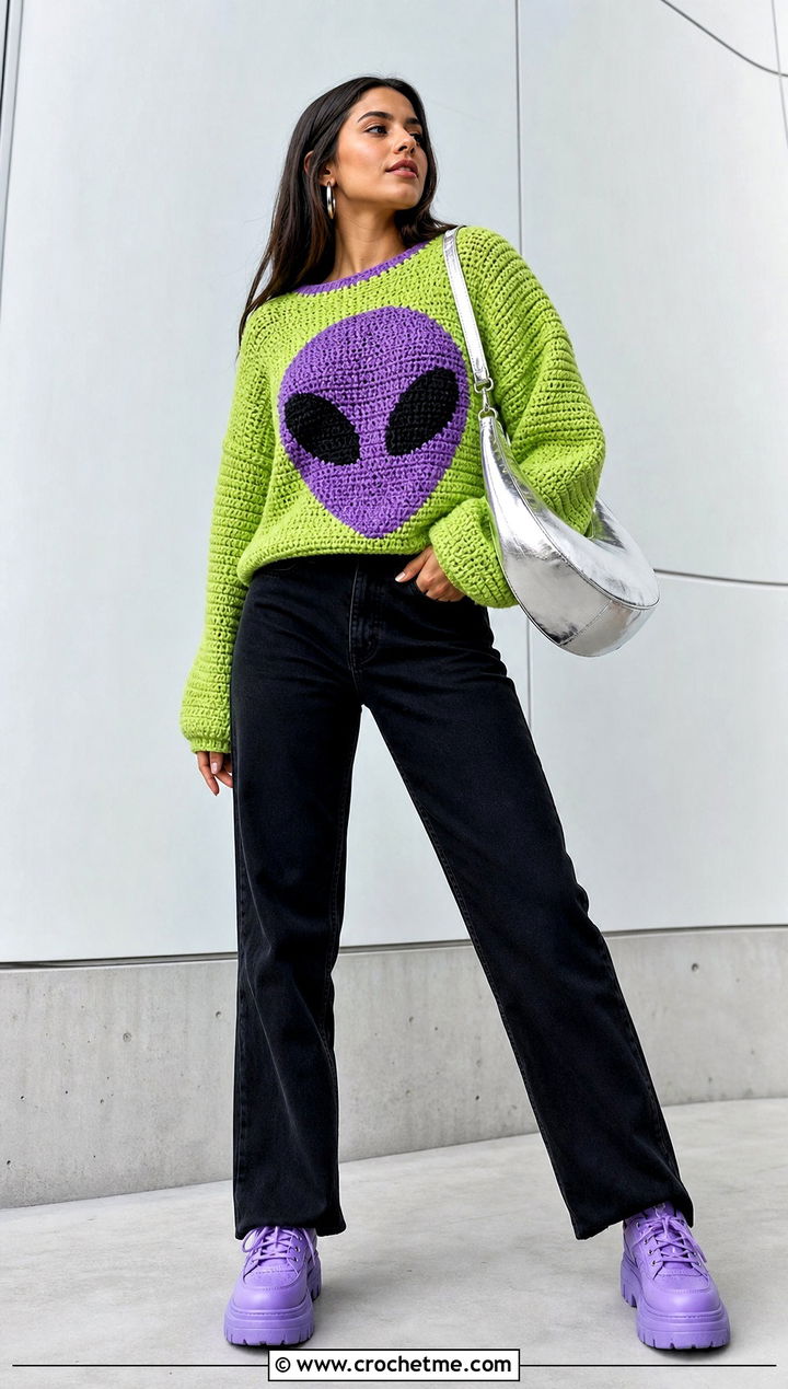 Alien Crochet Mabel Pines Sweater With Black Denim - 30 crochet mabel pines sweater outfit ideas