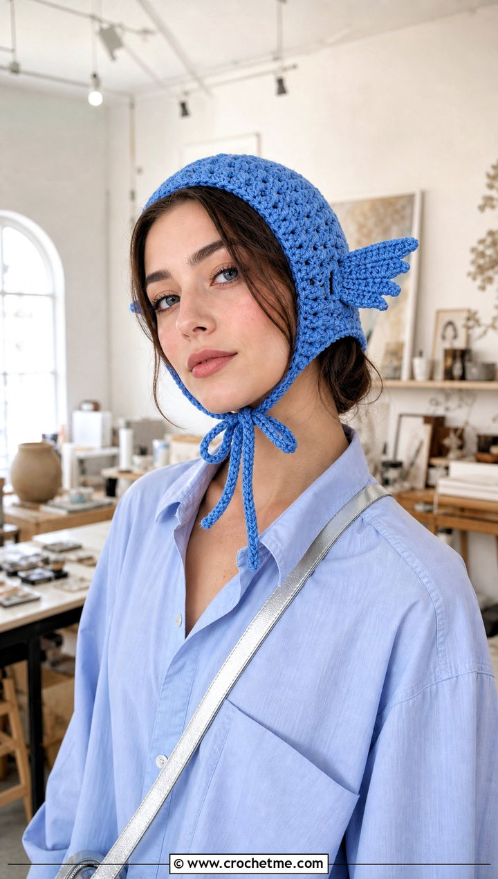 Allay Crochet Bonnet With Oxford Shirt - 20 Minecraft Crochet Hat outfit ideas