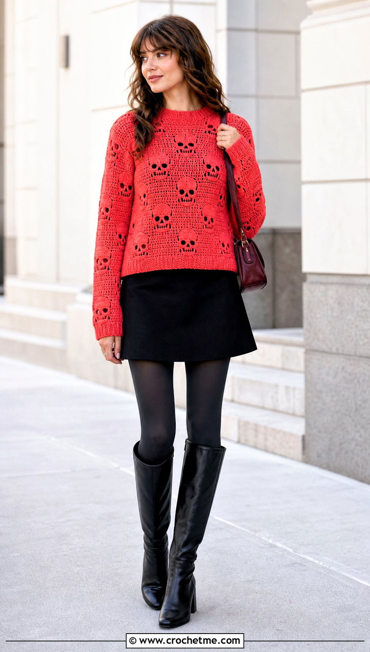 Allover Skull Crochet Sweater With Mini Skirt And Boots - 35 crochet skull sweater outfit ideas