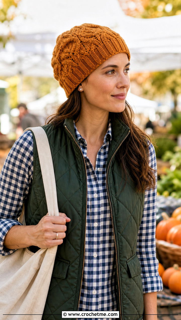 Almond Ridge Cable Beanie With Quilted Vest - 20 Crochet Cable Stitch Beanie outfit ideas
