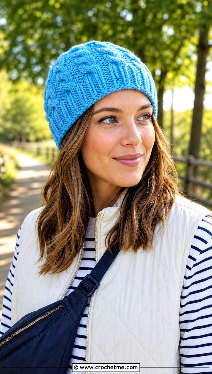 Almond Ridge Cabled Crochet Beanie With Quilted Vest - 15 cabled crochet beanie design outfit ideas