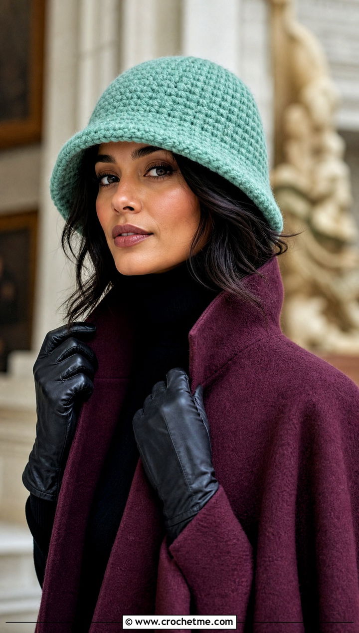 Alpaca Blend Crochet Bucket Hat With Cape Coat - 35 crochet winter bucket hat outfit ideas