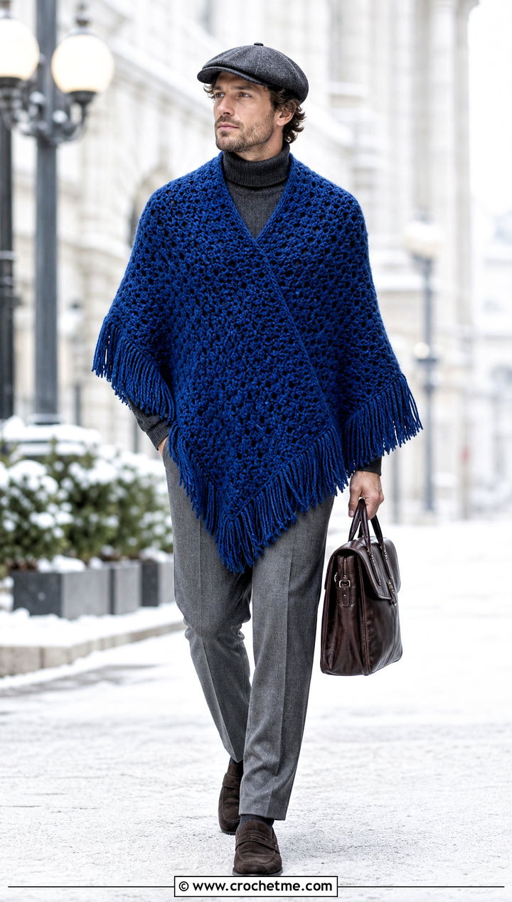 Alpaca Blend Crochet Poncho With Flannel Trousers - 30 men crochet poncho outfit ideas