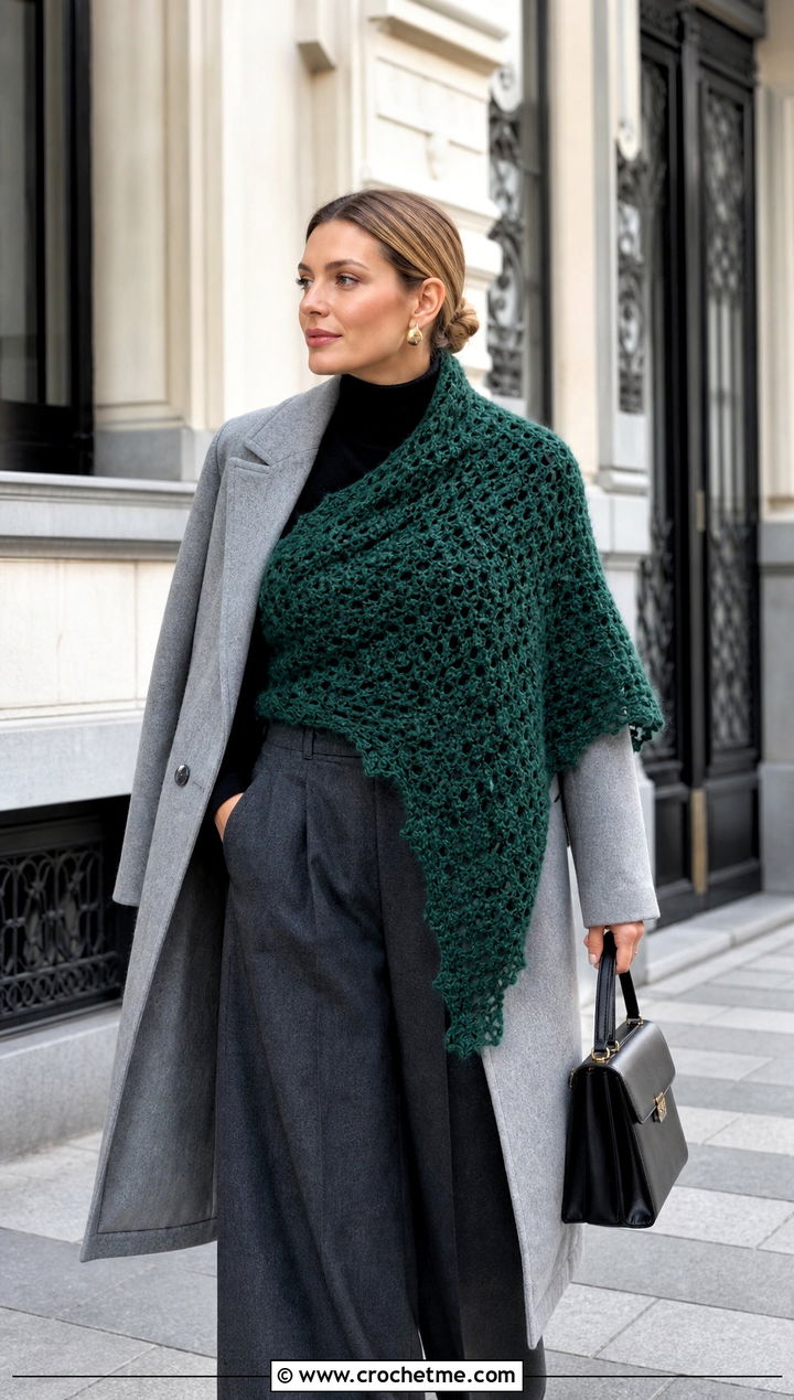 Alpaca Triangle Crochet Shawl With Long Coat And Wide Leg Pants - 35 triangle crochet shawl outfit ideas