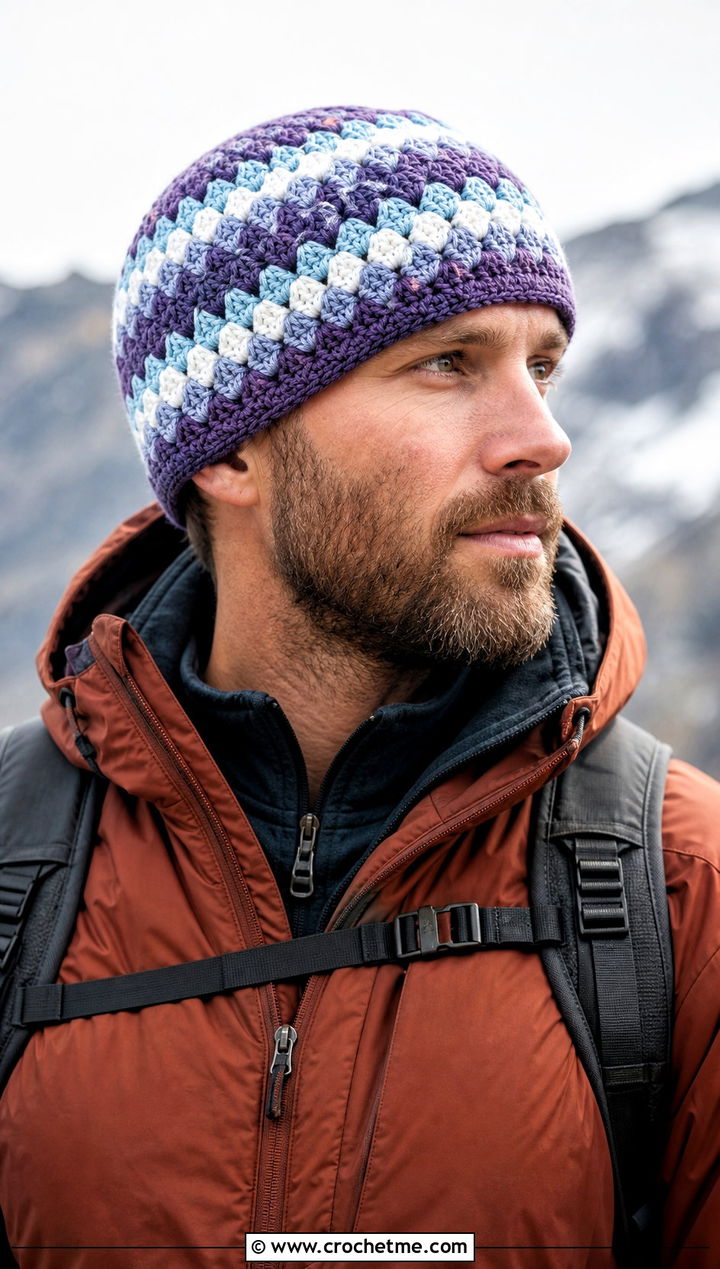 Alpine Crochet Beanie With Hiking Outfit - 25 Crochet Mens Winter Hat outfit ideas