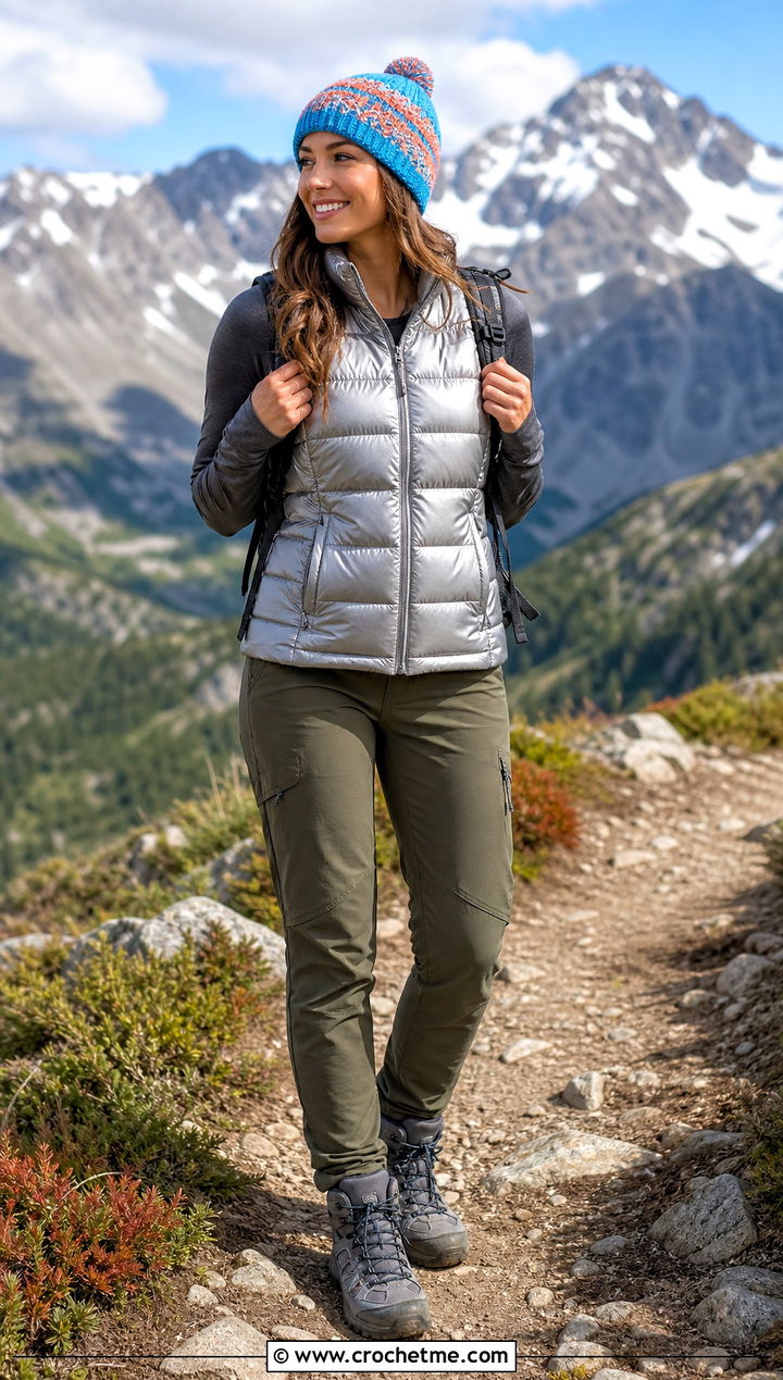 Alpine Crochet Beanie With Puffer Vest And Hiking Pants - 35 simple crochet beanie outfit ideas