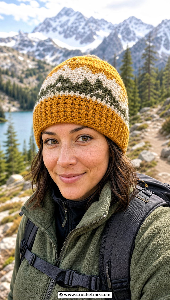 Alpine Fair Isle Crochet Beanie With Fleece And Hiking Pants - 30 fair isle crochet hat outfit ideas