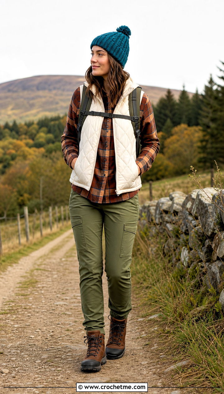 Alpine Ribbed Crochet Beanie With Quilted Vest - 35 ribbed crochet hat outfit ideas