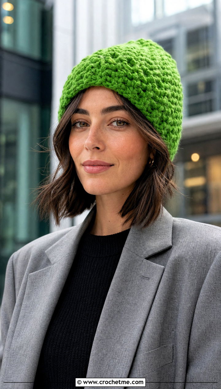 Alpine Stitch Beanie With Blazer And Jeans - 25 one skein crochet hat outfit ideas