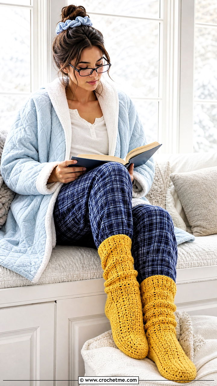 Alpine Stitch Bed Socks With Plaid Pajama Set - 35 crochet bed socks outfit ideas