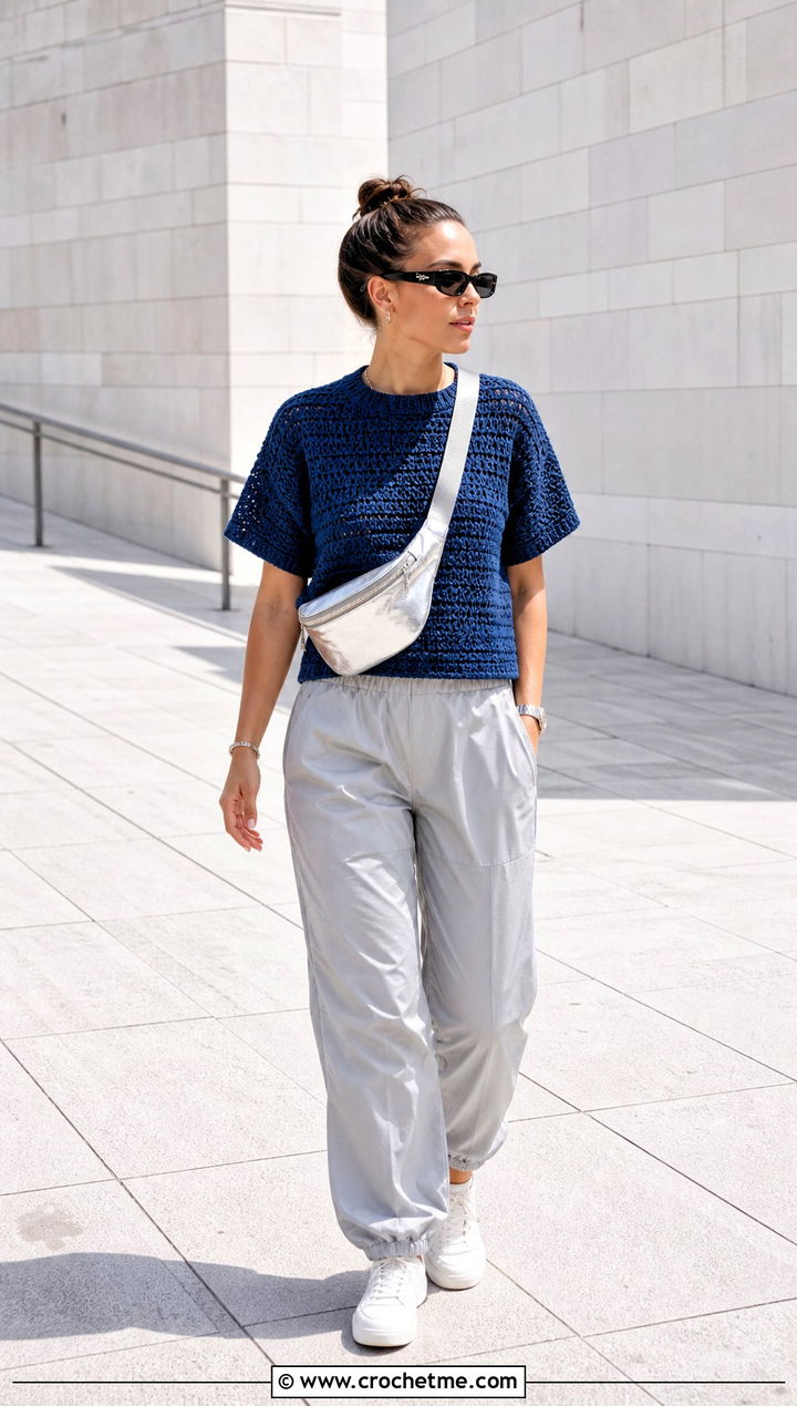 Alpine Stitch Boxy Tee With Parachute Pants - 25 Alpine Stitch Crochet Top outfit ideas