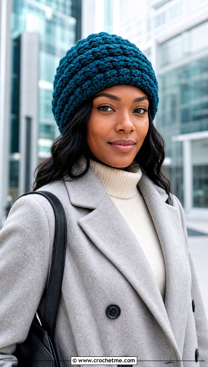 Alpine Stitch Bulky Crochet Beanie With Tailored Trousers - 30 bulky crochet beanie outfit ideas