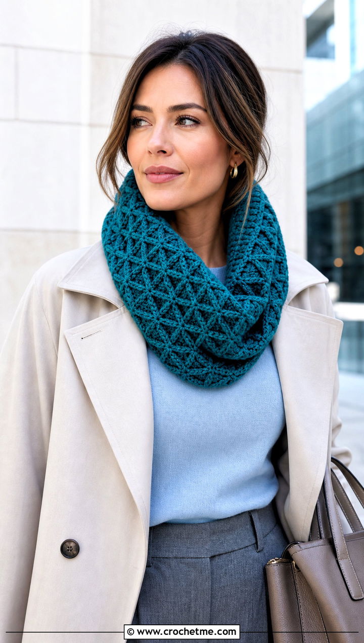 Alpine Stitch Bulky Crochet Cowl With Trench Coat - 20 Bulky Crochet Cowl outfit ideas