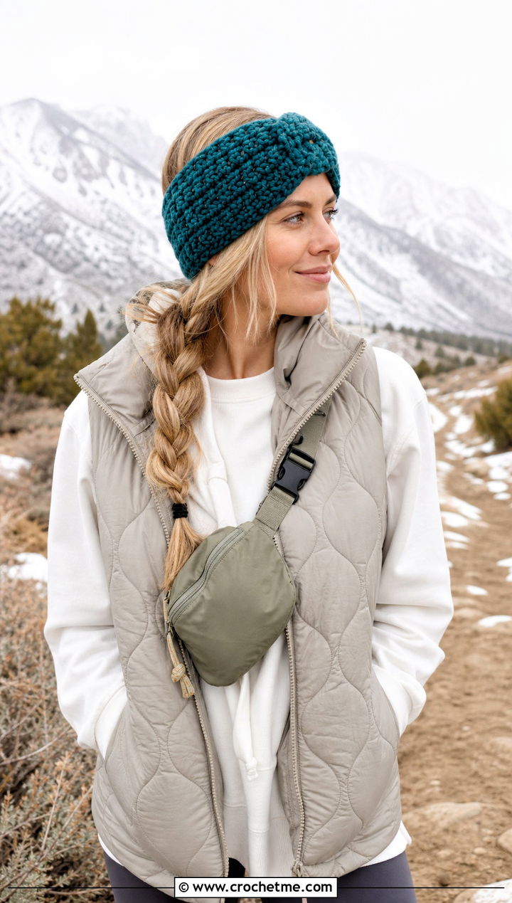 Alpine Stitch Bulky Crochet Ear Warmer With Quilted Vest - 25 Bulky Crochet Ear Warmer outfit ideas