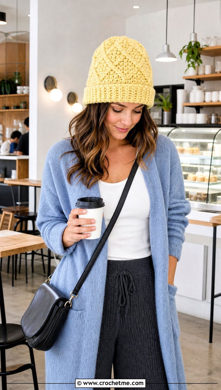 Alpine Stitch Bulky Yarn Crochet Beanie With Long Cardigan - 30 bulky yarn crochet beanie outfit ideas